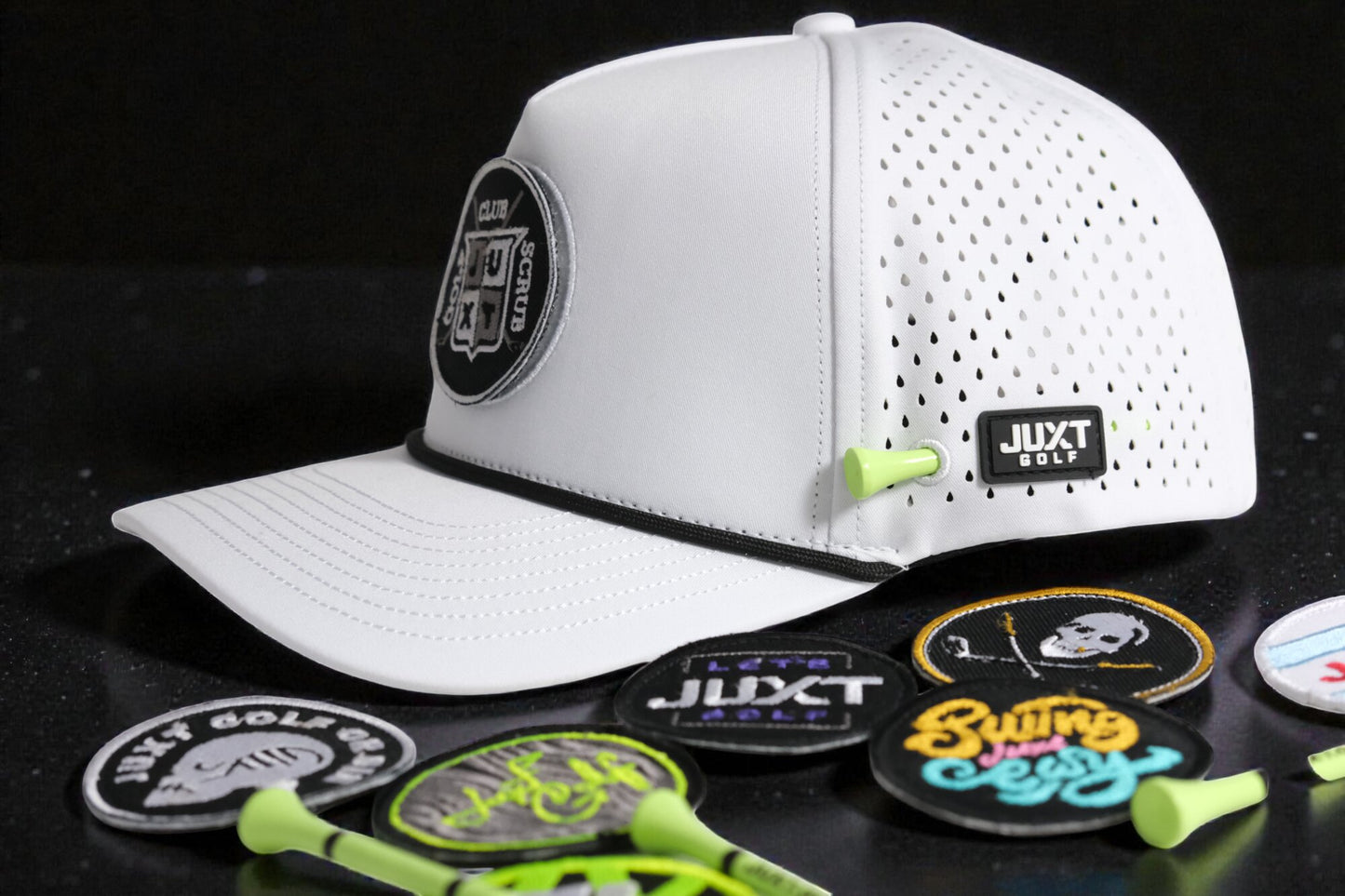 JUXT 'Stick it' White Rope Golf Hat - Pick 3 Patches!